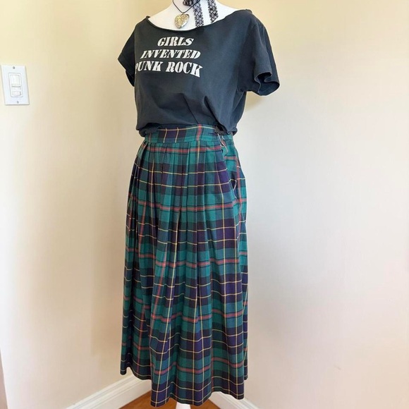 Vintage wool green tartan plaid midi skirt alternative grunge punk 80s 90s S - Picture 5 of 11